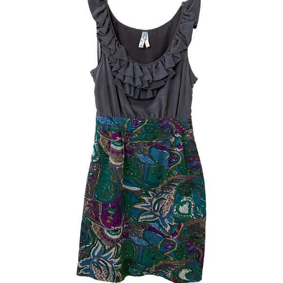 Anthropologie Maeve Grey Ruffle Silk Paisley Sleeveless Dress sz. 0 mixed media - Picture 1 of 10